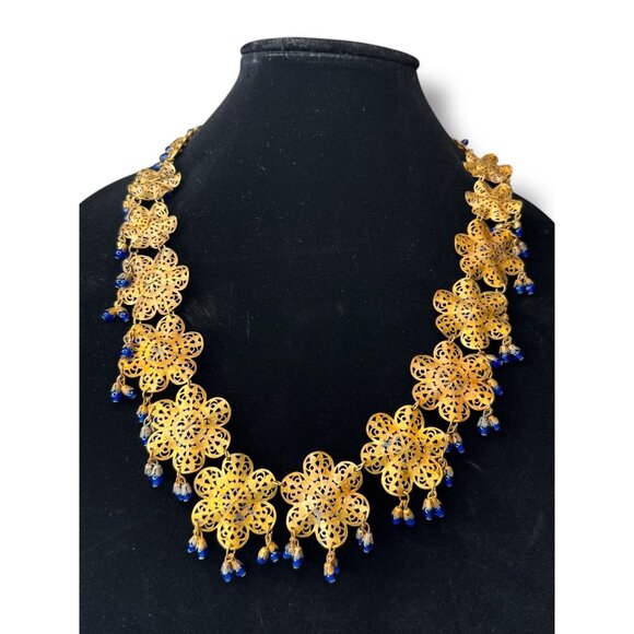 Vintage Miriam Haskell Filigree Floral Necklace Blue Glass Beads 1930s Pre-war - Picture 2 of 16